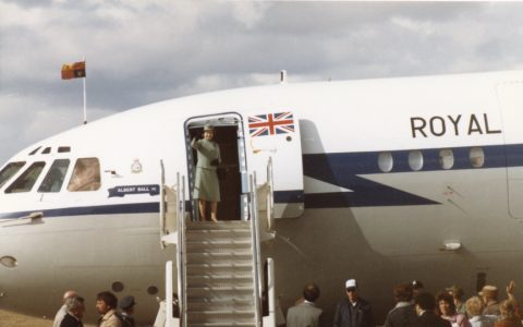 Queen Elizabeth exiting a plane at the Sheridan County Airport